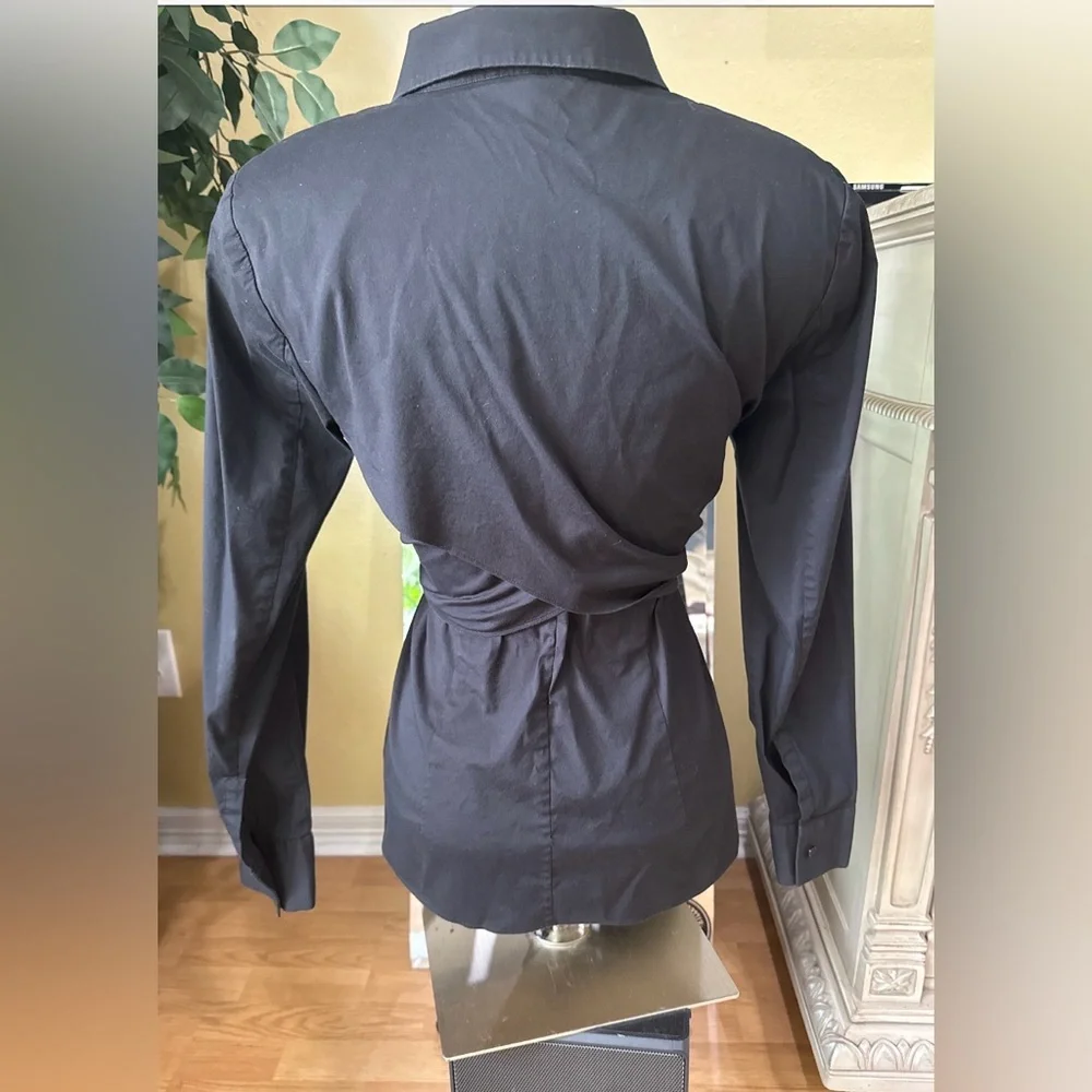 Lafayette 148 New York Black Tie Waist Button Shirt Women Size 8 Stretch - Picture 2 of 7